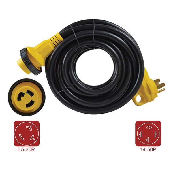 Superior Electric RV Extension Cord 10AWG/3 - 50 Amp Male NEMA 14-50P to 30 Amp Female NEMA L5-30R, Length 25ft RVA1583